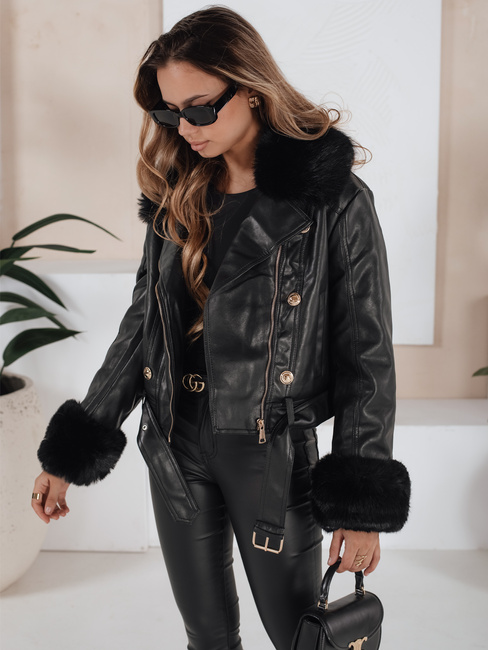 Damen Winter Lederjacke mit Kunstpelz schwarz Dstreet TY5209