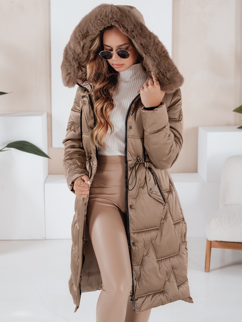 Damen Winter lange gesteppte Jacke mit Pelz camel Dstreet TY5073