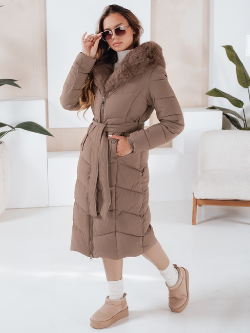 Lange Damen Winter Steppjacke mit Pelz dunkelbeige Dstreet TY5087