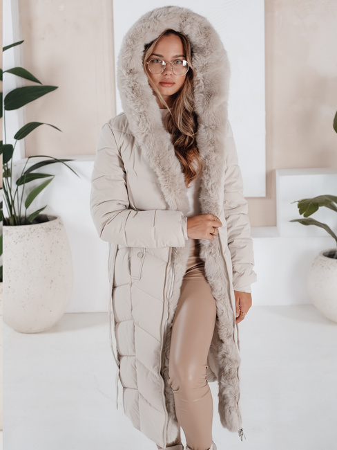 Damen Winter lange Steppjacke mit Pelz ecru Dstreet TY5088