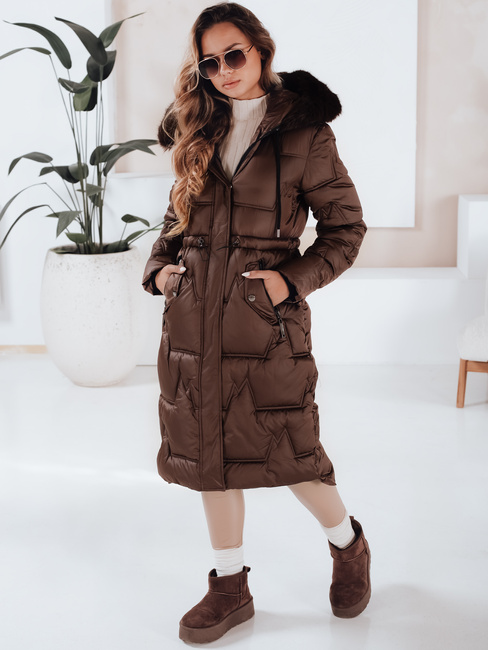 Damen Winter lange gesteppte Jacke mit Pelz braun Dstreet TY5074