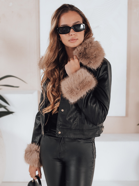 Damen Leder Ramones Jacke mit Pelz schwarz Dstreet TY5206