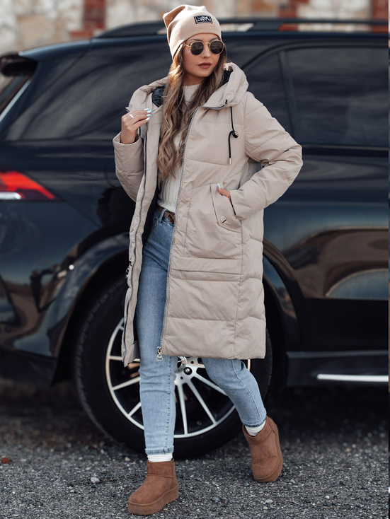 NORFFI Damen Winter lange Steppjacke mit Kapuze hellbeige Dstreet TY4664