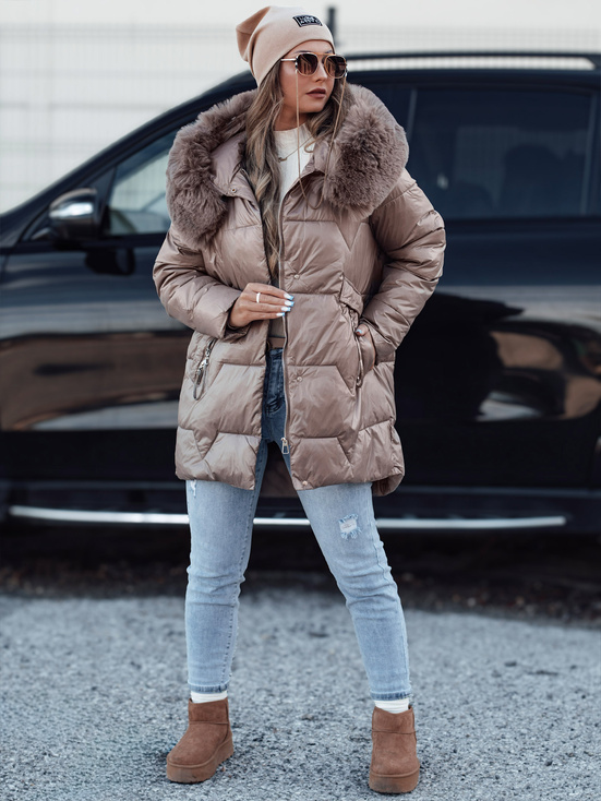 Damen FROSTYFIT gesteppte Winterjacke mit Kapuze dunkelbeige Dstreet TY4678