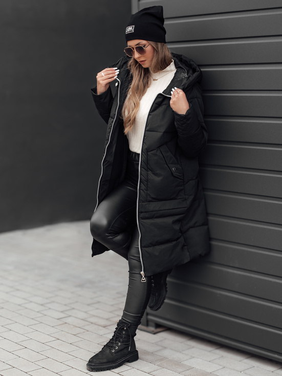 NORFFI Damen Winter lange Steppjacke mit Kapuze schwarz Dstreet TY4663