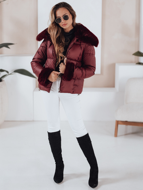 Kurze Damen-Steppjacke mit Pelz in Burgunderrot Dstreet TY5071
