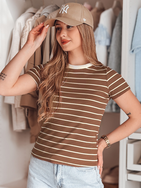 Damen Basic gestreiftes T-Shirt LINESS braun Dstreet RY2810