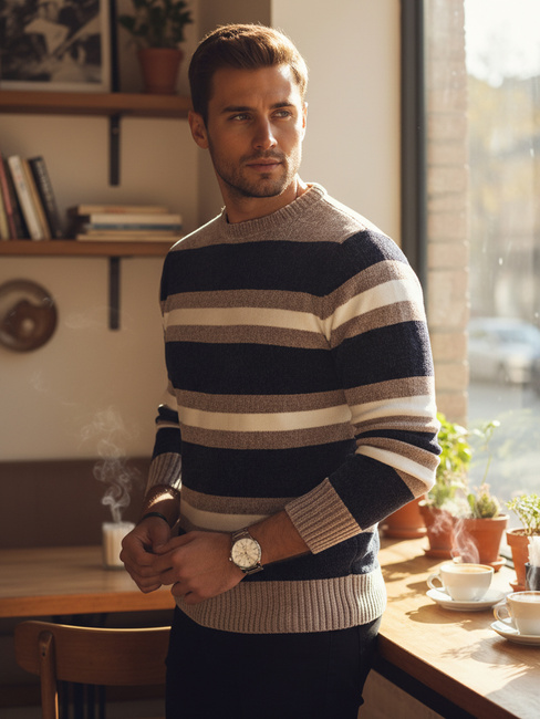 Gestreifter Marineblauer Herren-Pullover Dstreet WX2263