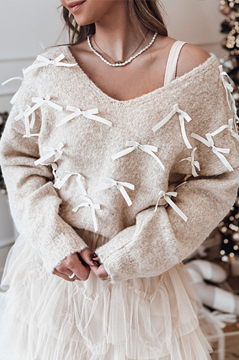 Damen RIBBLOOM Pullover mit Schleifen dunkelbeige Dstreet MY2359