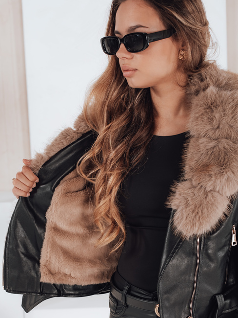 Damen Winter Lederjacke mit Kunstpelz schwarz Dstreet TY5213