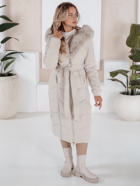 Damen Winter lange Steppjacke mit Pelz ecru Dstreet TY5088