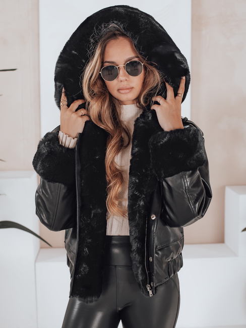 Damen Lederjacke mit Kunstfell schwarz Dstreet TY5128