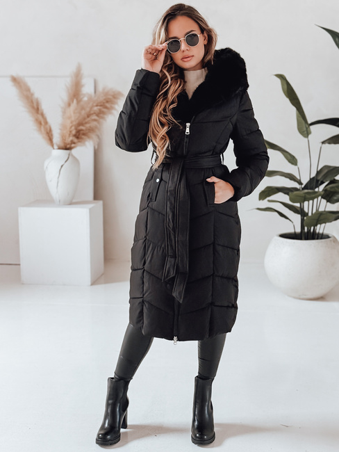 Damen Winter lange Steppjacke mit Pelz schwarz Dstreet TY5085