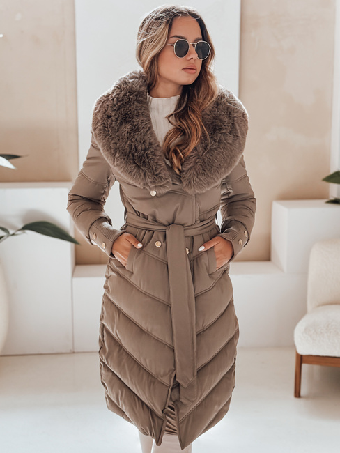Gesteppte Damen Winterjacke mit Kunstpelz dunkelbeige Dstreet TY5079