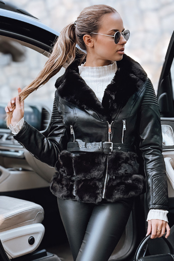 Damen Leder Ramones Jacke mit Pelz schwarz Dstreet TY5274