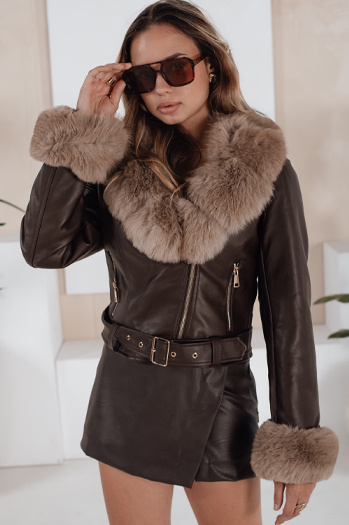 Damen Winter Lederjacke mit Fell braun Dstreet TY5211