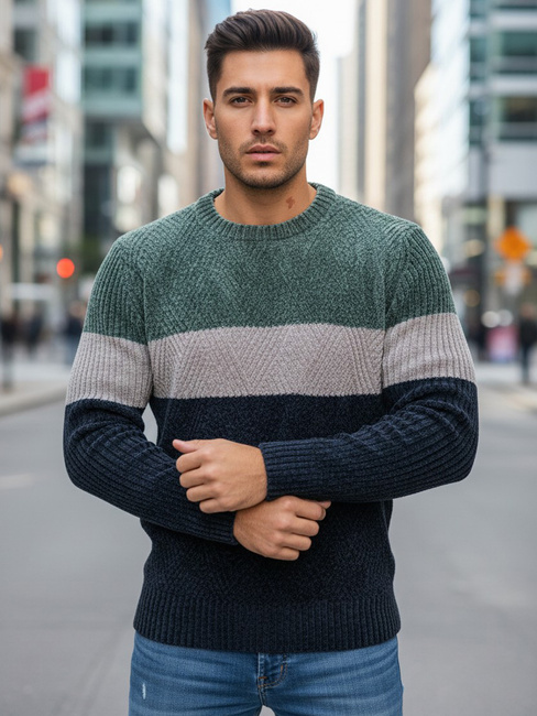 Herren Pullover mit Rundhalsausschnitt grün und navy blau Dstreet WX2319