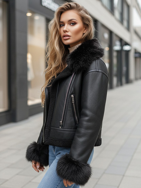 Damen Lederjacke mit Kunstpelz schwarz Dstreet TY5244z