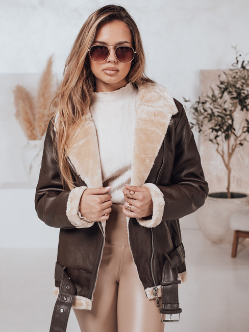 Damen NORFDIMA Lederjacke mit Schafsfell Mantel Kaffee Dstreet TY4736