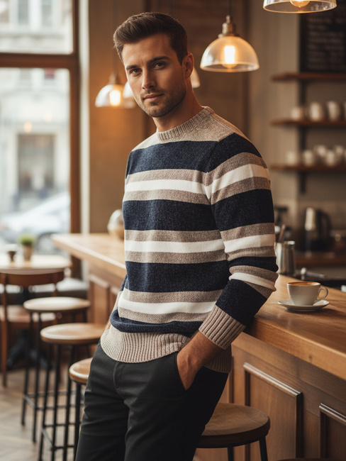 Gestreifter Marineblauer Herren-Pullover Dstreet WX2263