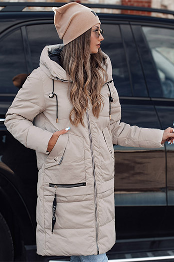 NORFFI Damen Winter lange Steppjacke mit Kapuze hellbeige Dstreet TY4664