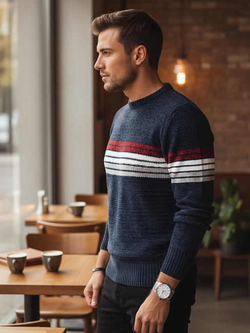 Marineblauer gestreifter Herren-Pullover Dstreet WX2281