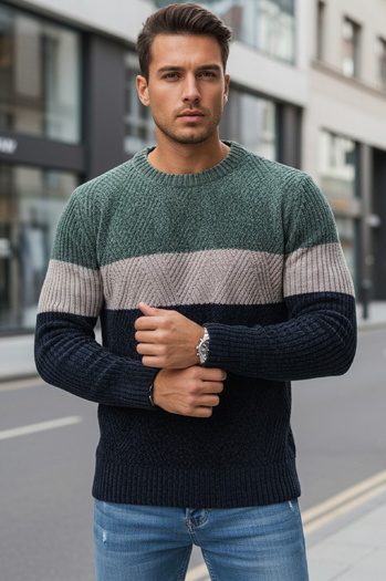 Herren Pullover mit Rundhalsausschnitt grün und navy blau Dstreet WX2319