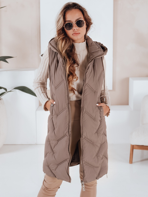 Lange Steppweste für Damen mit Kapuze dunkelbeige Dstreet TY5100