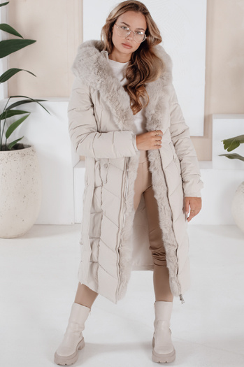Damen Winter lange Steppjacke mit Pelz ecru Dstreet TY5088