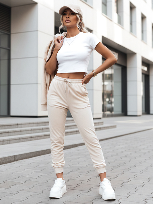 Cremefarbene Velours-Sweatpants für Frauen Dstreet UY2841