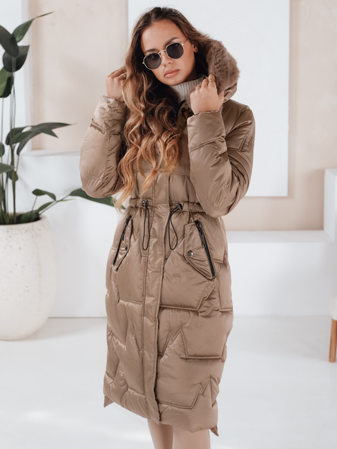 Damen Winter lange gesteppte Jacke mit Pelz camel Dstreet TY5073