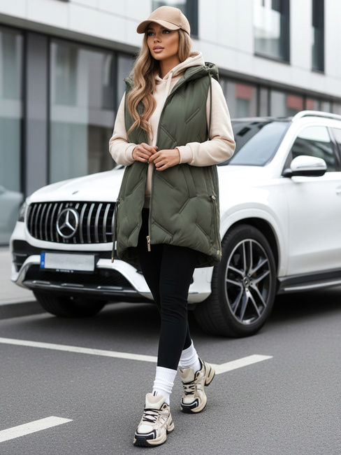 Lange Steppweste für Damen mit Kapuze grün Dstreet TY5106