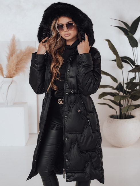 Damen Winter lange Steppjacke mit Kunstpelz schwarz Dstreet TY5072