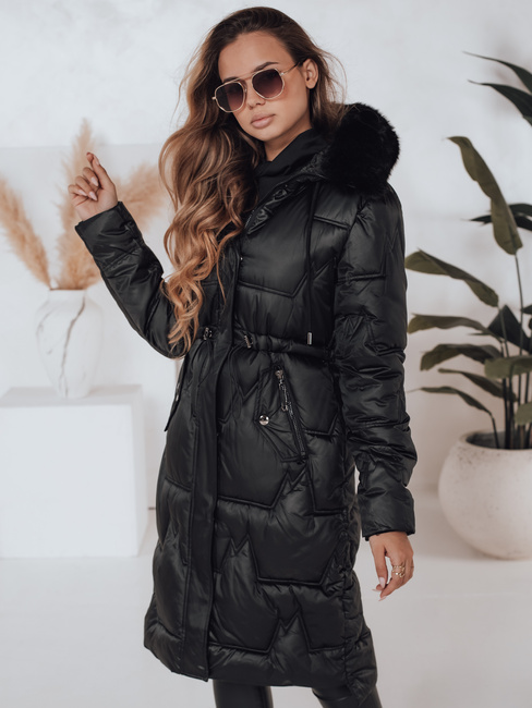 Damen Winter lange Steppjacke mit Kunstpelz schwarz Dstreet TY5072
