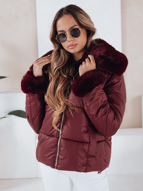 Kurze Damen-Steppjacke mit Pelz in Burgunderrot Dstreet TY5071