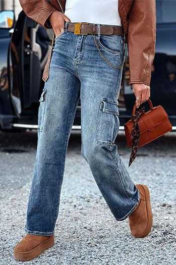 URBANNOW Damen Denim Cargohose mit Gürtel Set blau Dstreet UY2250