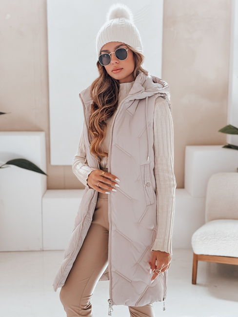 Lange Steppweste für Damen mit Kapuze beige Dstreet TY5099