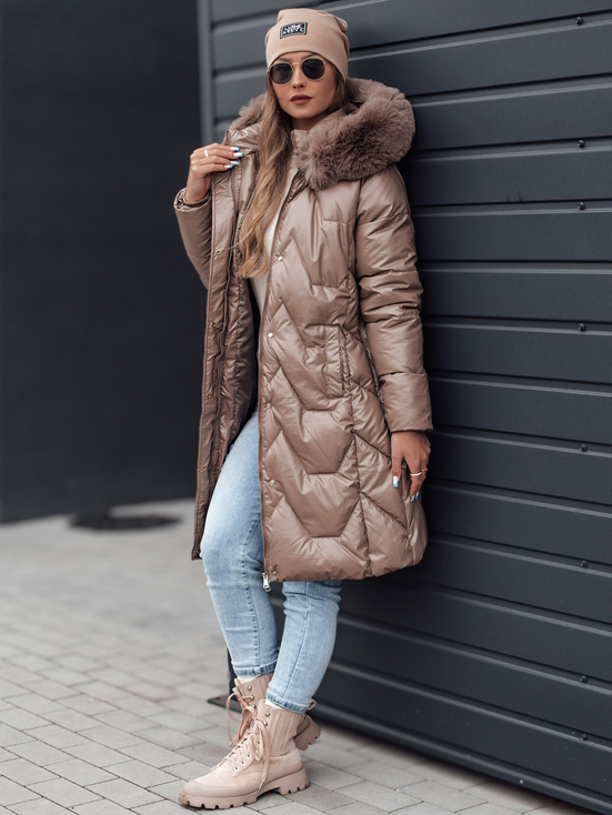 Damen Winterjacke ELECIO lang gesteppt mit Kapuze dunkelbeige Dstreet TY4680