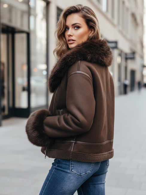 Damen Lederjacke mit Fell braun Dstreet TY5243z