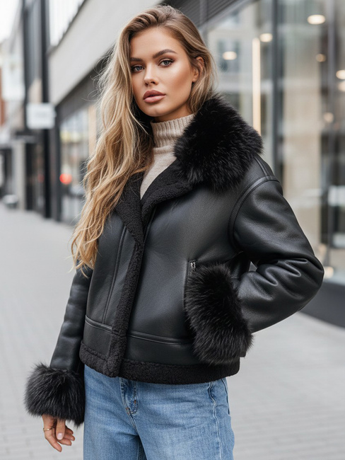 Damen Lederjacke mit Kunstpelz schwarz Dstreet TY5244z