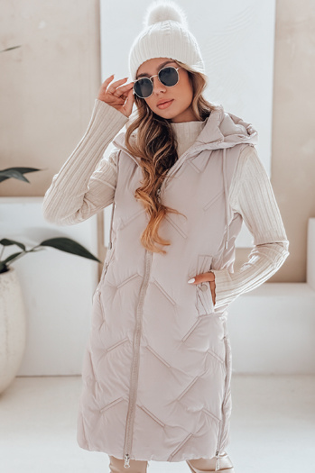Lange Steppweste für Damen mit Kapuze beige Dstreet TY5099