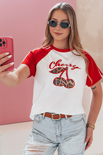 Damen-T-Shirt mit 3D CEKINKA Effekt rot Dstreet RY2866