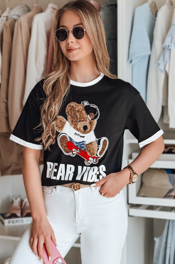 Damen Übergröße Teddybär besticktes T-Shirt MISIONISTA schwarz Dstreet RY2851