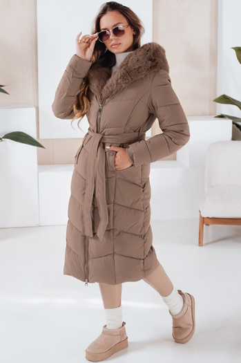 Lange Damen Winter Steppjacke mit Pelz dunkelbeige Dstreet TY5087