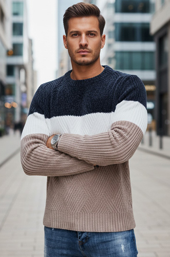 Herren Pullover mit Rundhalsausschnitt navy blau und beige Dstreet WX2321