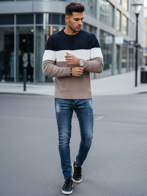 Herren Pullover mit Rundhalsausschnitt navy blau und beige Dstreet WX2321