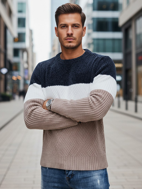 Herren Pullover mit Rundhalsausschnitt navy blau und beige Dstreet WX2321