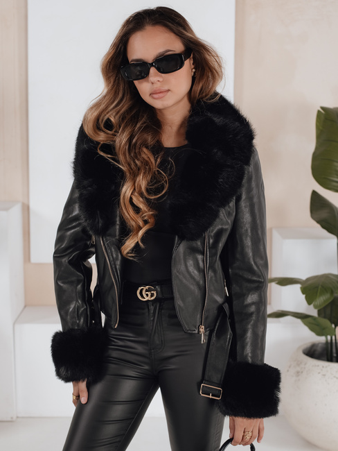 Damen Winter Lederjacke mit Kunstpelz schwarz Dstreet TY5212
