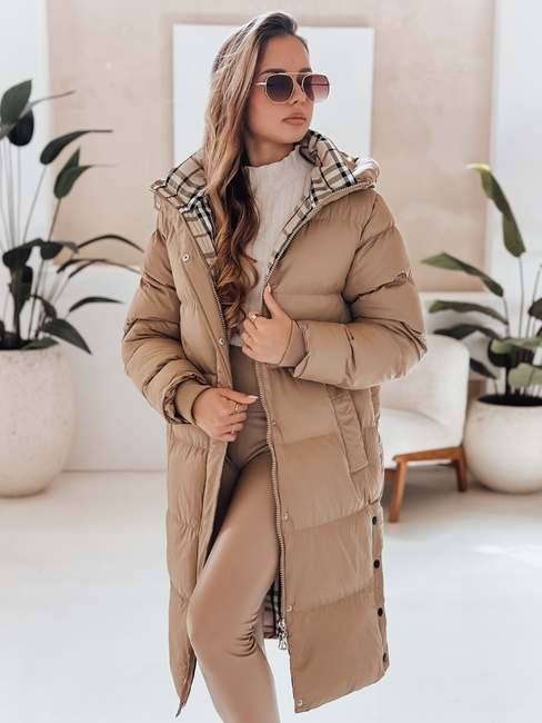 WINTERMISS Damen Winter lange Steppjacke mit Kapuze dunkelbeige Dstreet TY4966