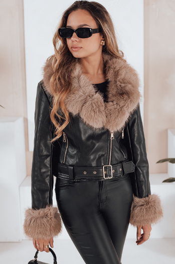 Damen Winter Lederjacke mit Kunstpelz schwarz Dstreet TY5213